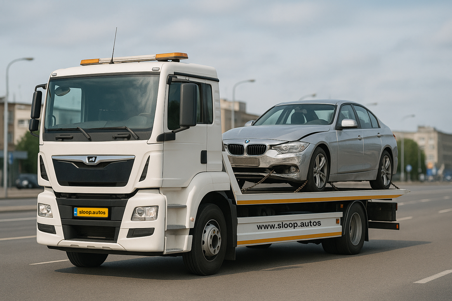 Auto Recycling takelwagen met BMW op laadplatform
